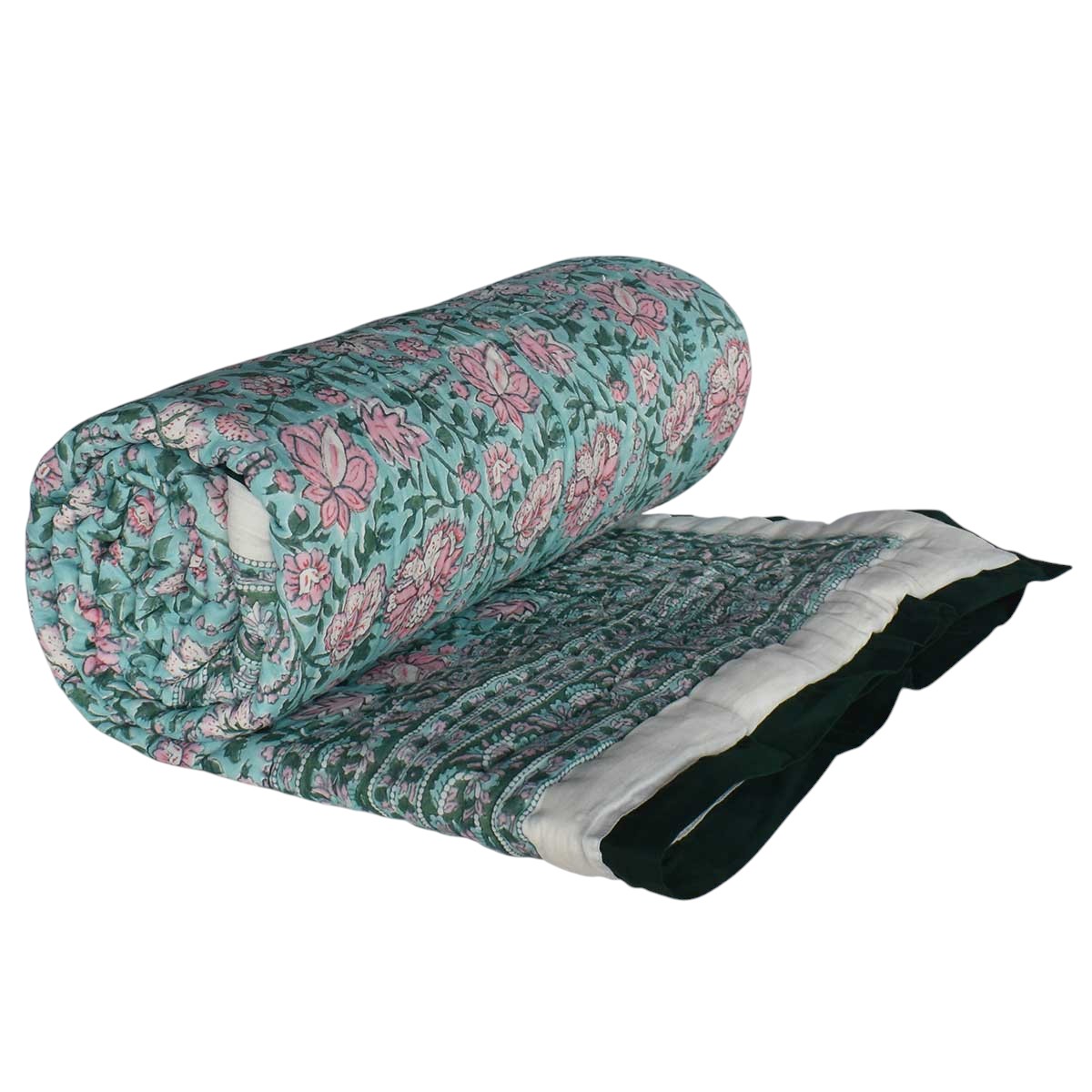 Hand Block Printed Cotton Twin Size Quilt Mohini Green Gud 620605