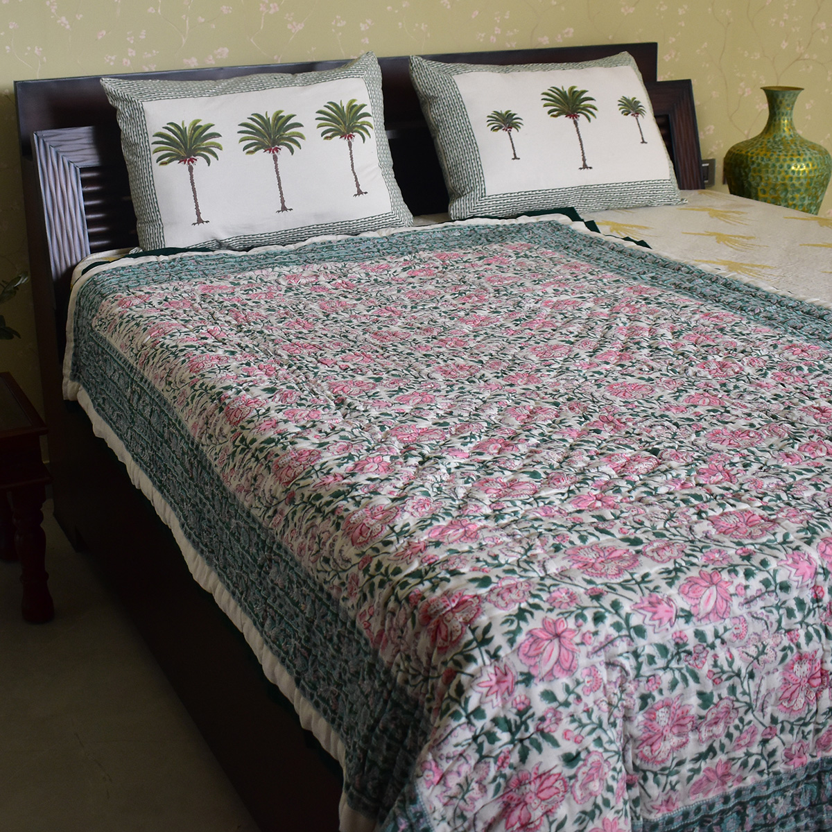 Hand Block Printed Cotton Twin Size Quilt Mohini Green Gud 620605