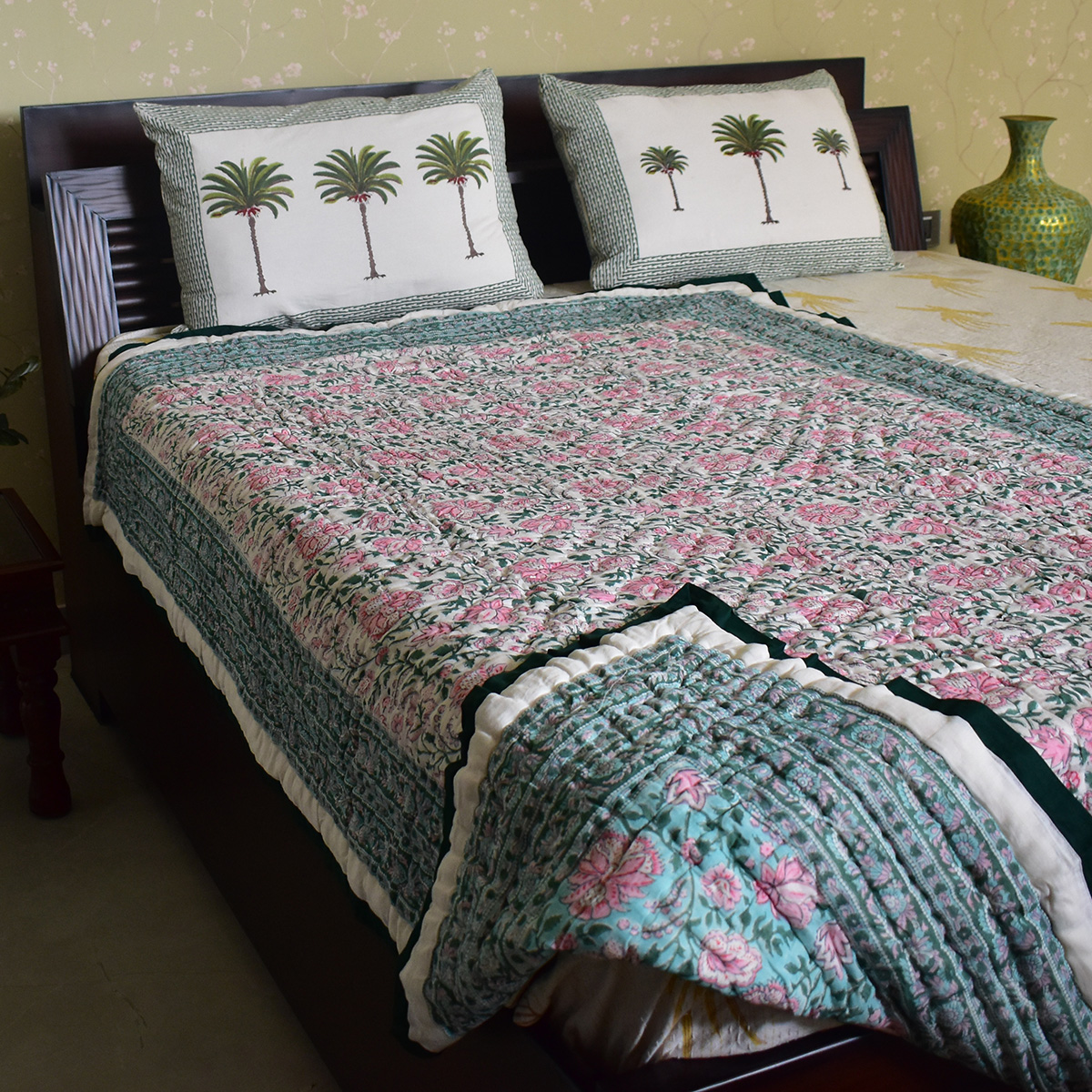 Hand Block Printed Cotton Twin Size Quilt Mohini Green Gud 620605