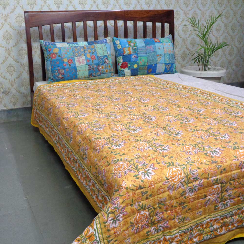 Hand Block Printed Cotton Twin Size Quilt Naya Gulab Mustard 620634