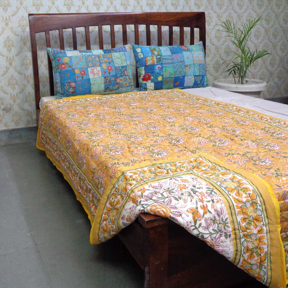 Hand Block Printed Cotton Twin Size Quilt Naya Gulab Mustard 620634