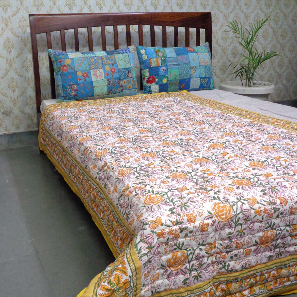 Hand Block Printed Cotton Twin Size Quilt Naya Gulab Mustard 620634