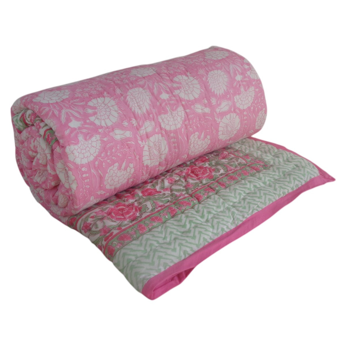 Hand Block Printed Cotton Twin Size Quilt  New Pink 309510