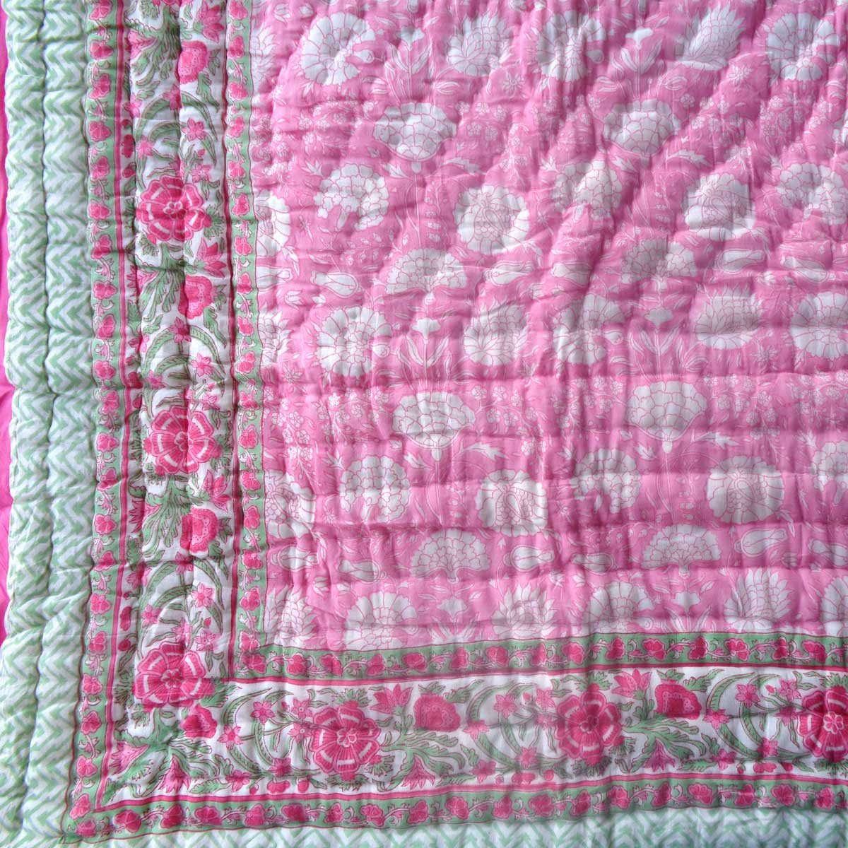 Hand Block Printed Cotton Twin Size Quilt  New Pink 309510