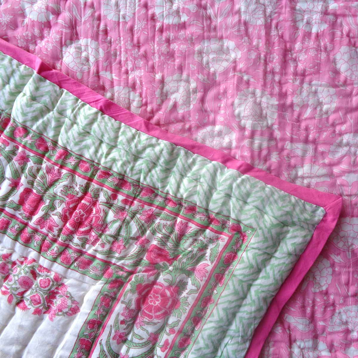Hand Block Printed Cotton Twin Size Quilt  New Pink 309510