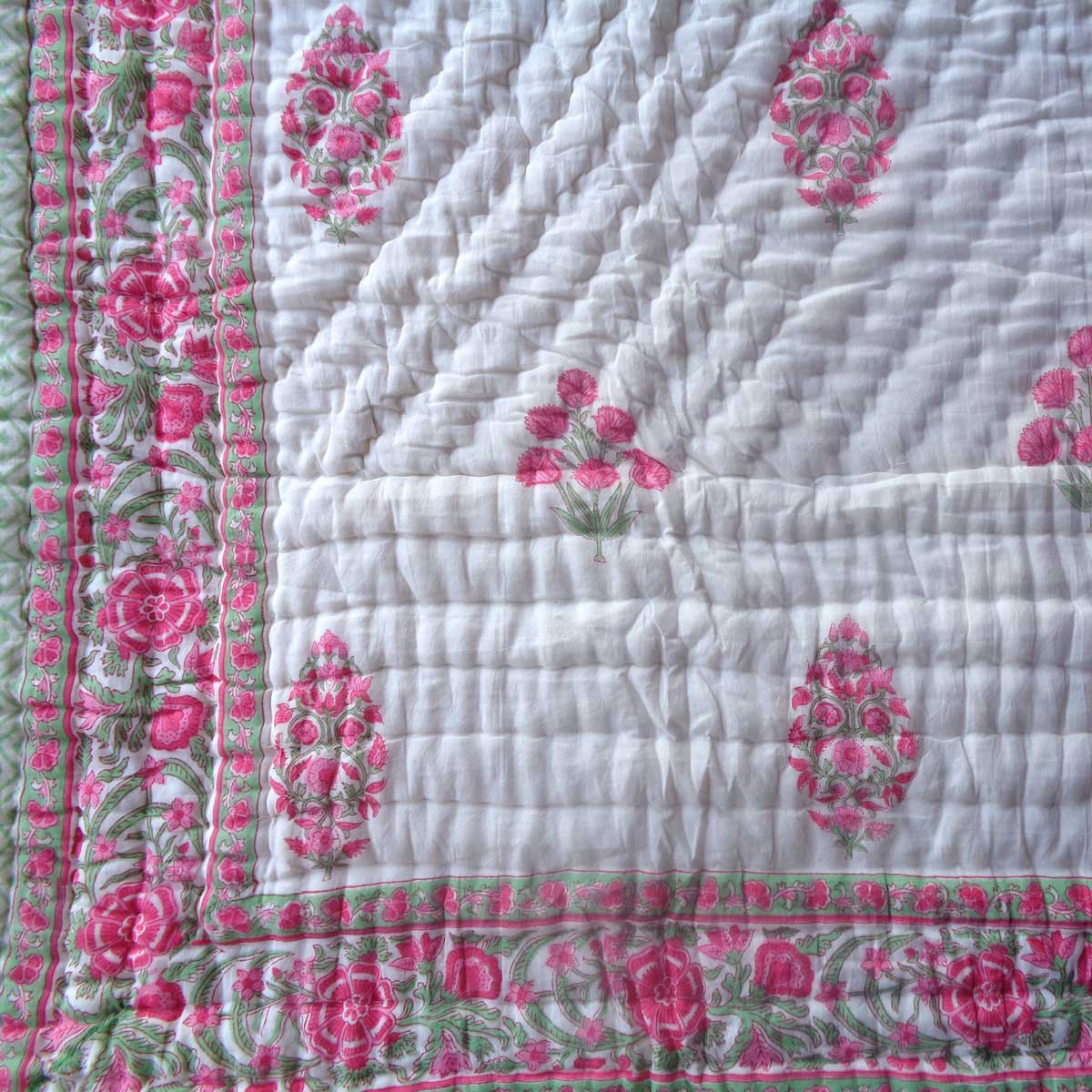 Hand Block Printed Cotton Twin Size Quilt  New Pink 309510