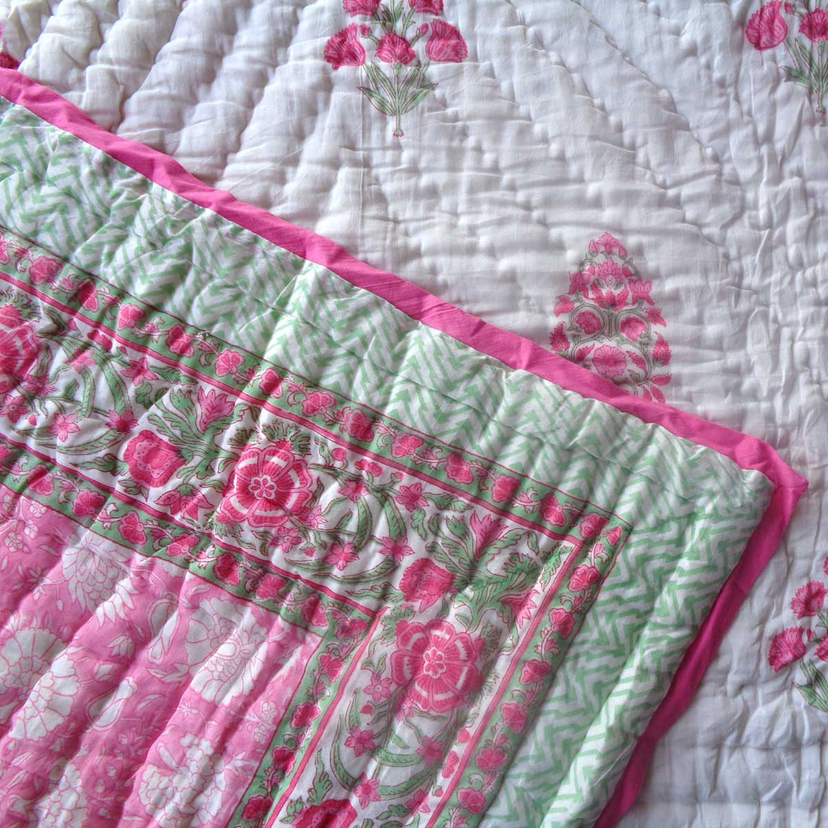 Hand Block Printed Cotton Twin Size Quilt  New Pink 309510