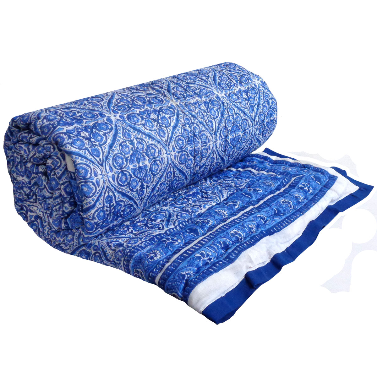 Hand Block Printed Cotton Twin Size Quilt  Nili Phool Chokri 106104