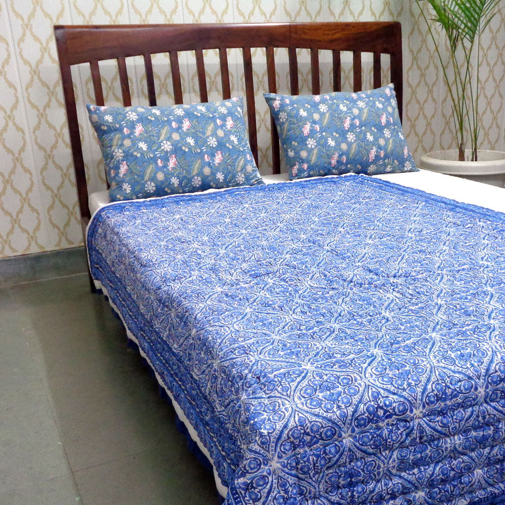 Hand Block Printed Cotton Twin Size Quilt  Nili Phool Chokri 106104