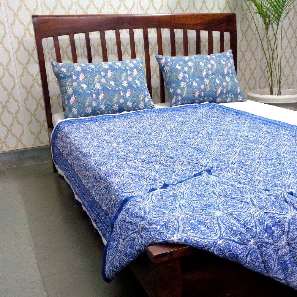 Hand Block Printed Cotton Twin Size Quilt  Nili Phool Chokri 106104