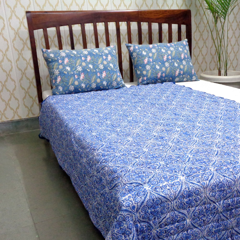Hand Block Printed Cotton Twin Size Quilt  Nili Phool Chokri 106104