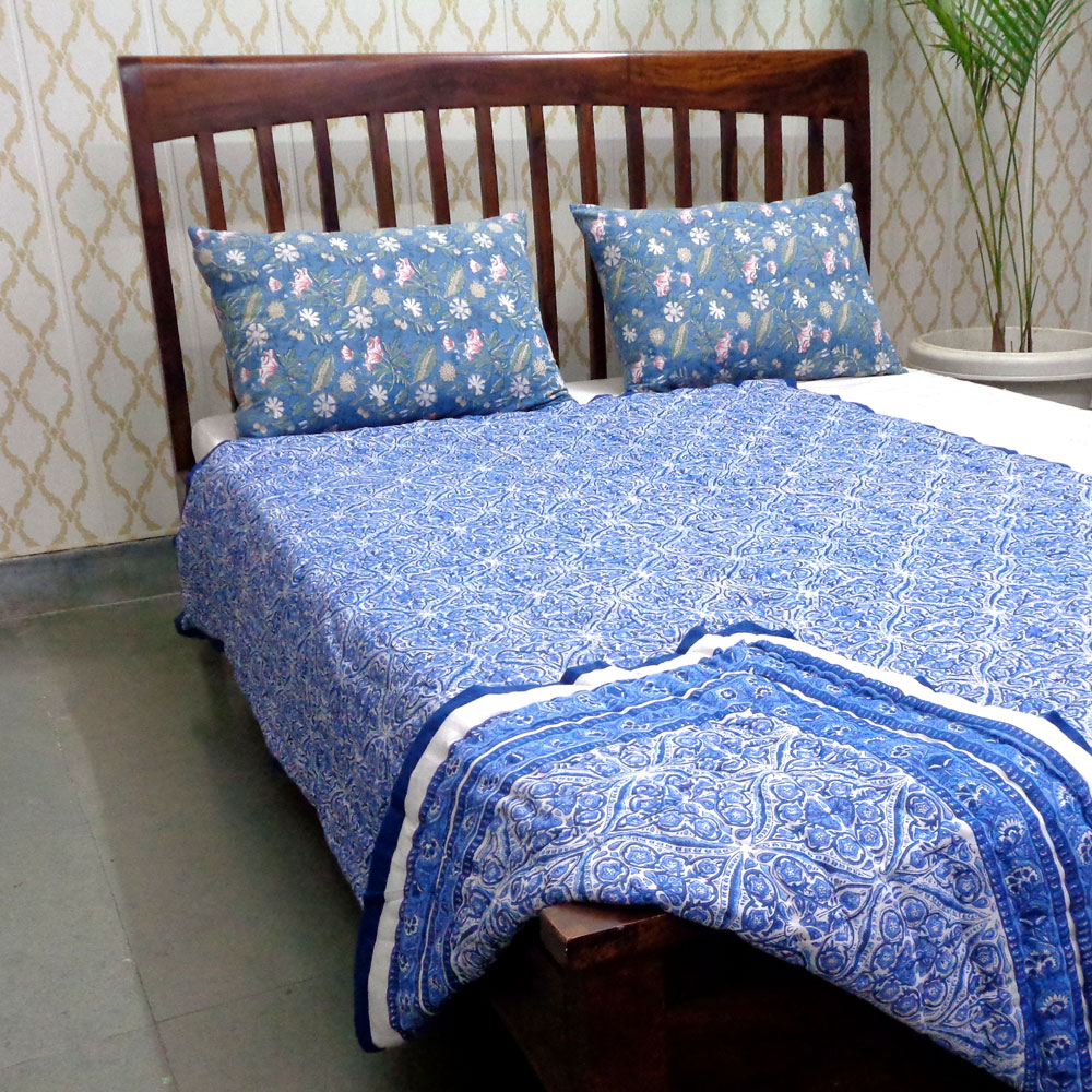 Hand Block Printed Cotton Twin Size Quilt  Nili Phool Chokri 106104
