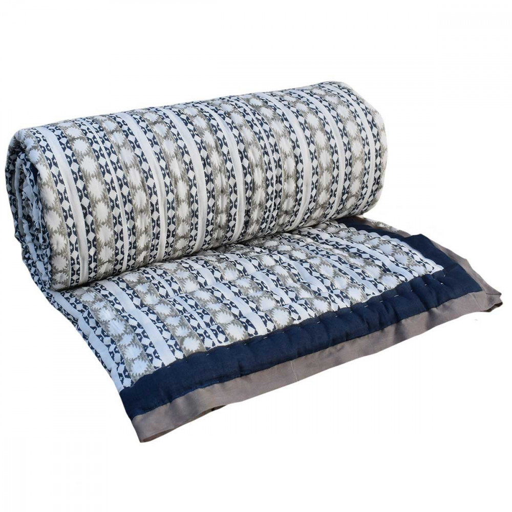 Image of Hand Block Printed Cotton Twin Size Quilt | Nordic Blue Greystone Stripe 202527