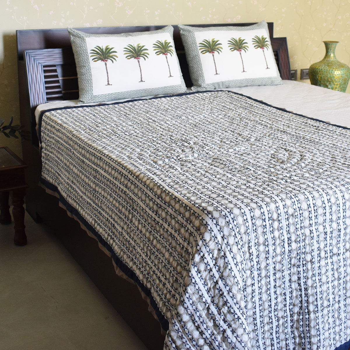 Hand Block Printed Cotton Twin Size Quilt Nordic Blue Greystone Stripe 202527