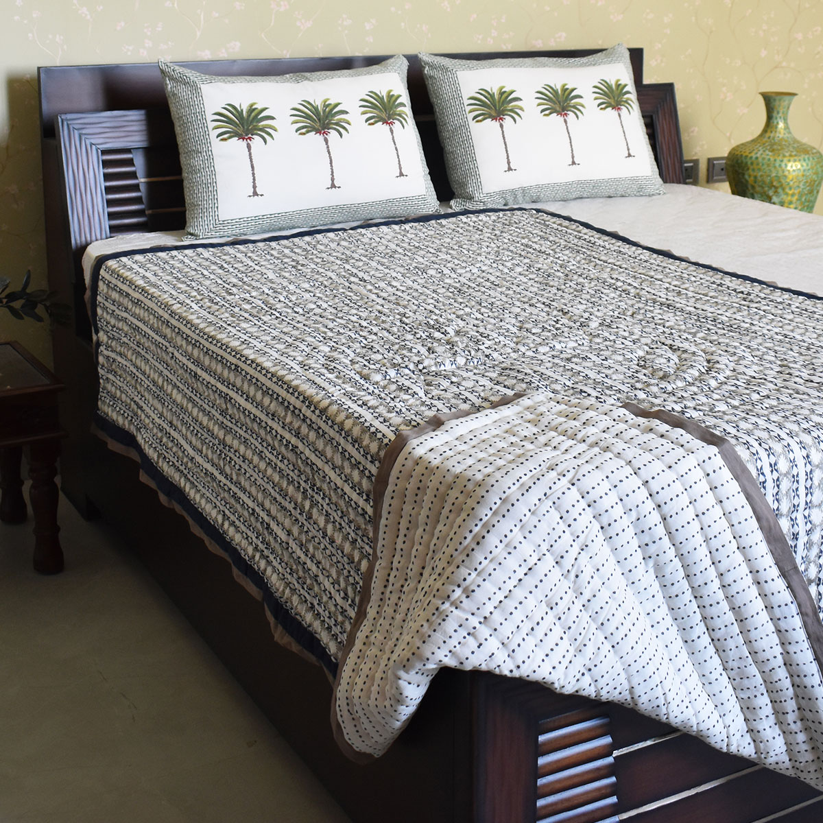 Hand Block Printed Cotton Twin Size Quilt Nordic Blue Greystone Stripe 202527