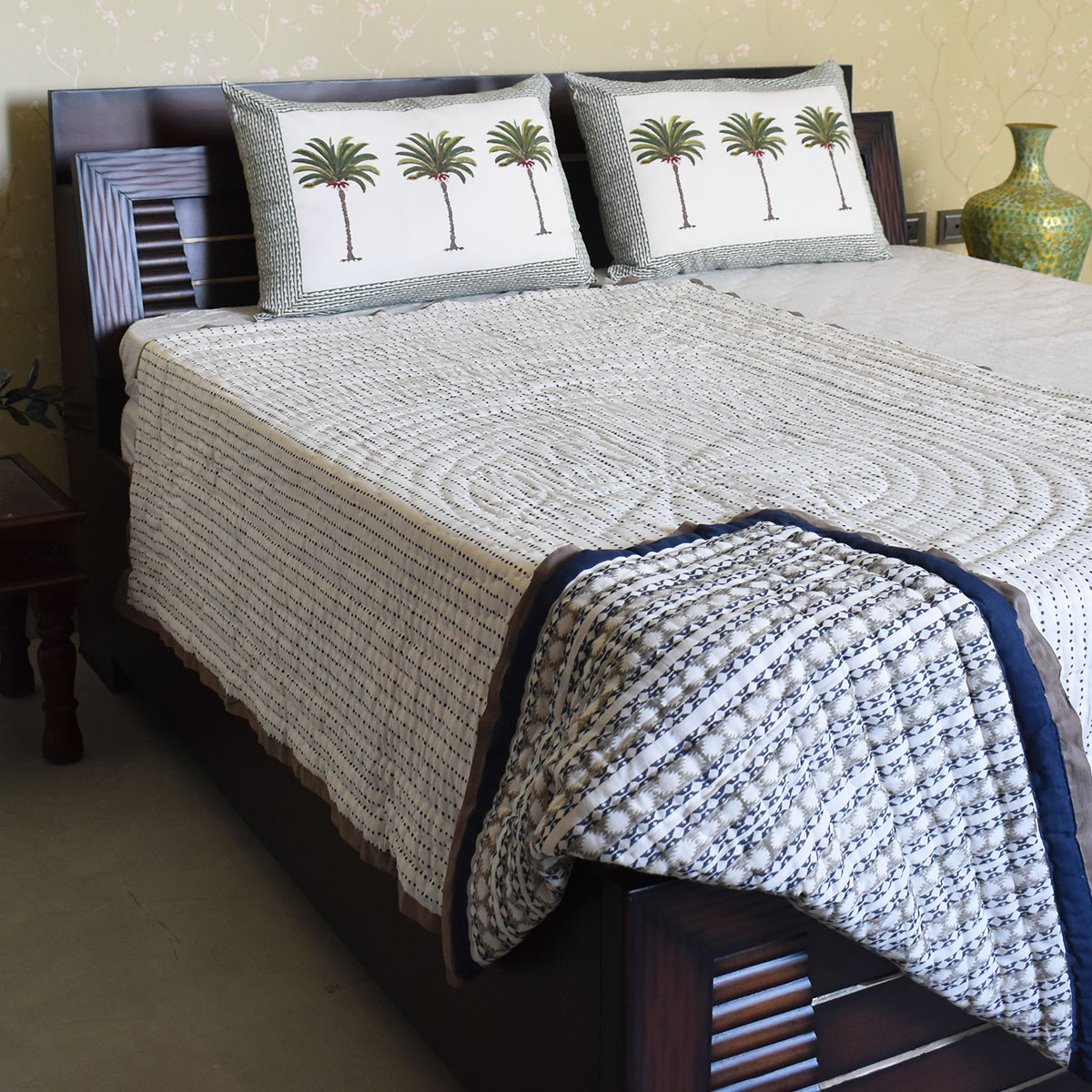 Hand Block Printed Cotton Twin Size Quilt  Nordic Blue Greystone Stripe 202527