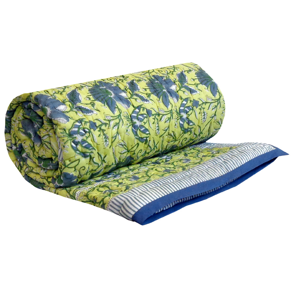 Hand Block Printed Cotton Twin Size Quilt Olive Flower Gud 602183