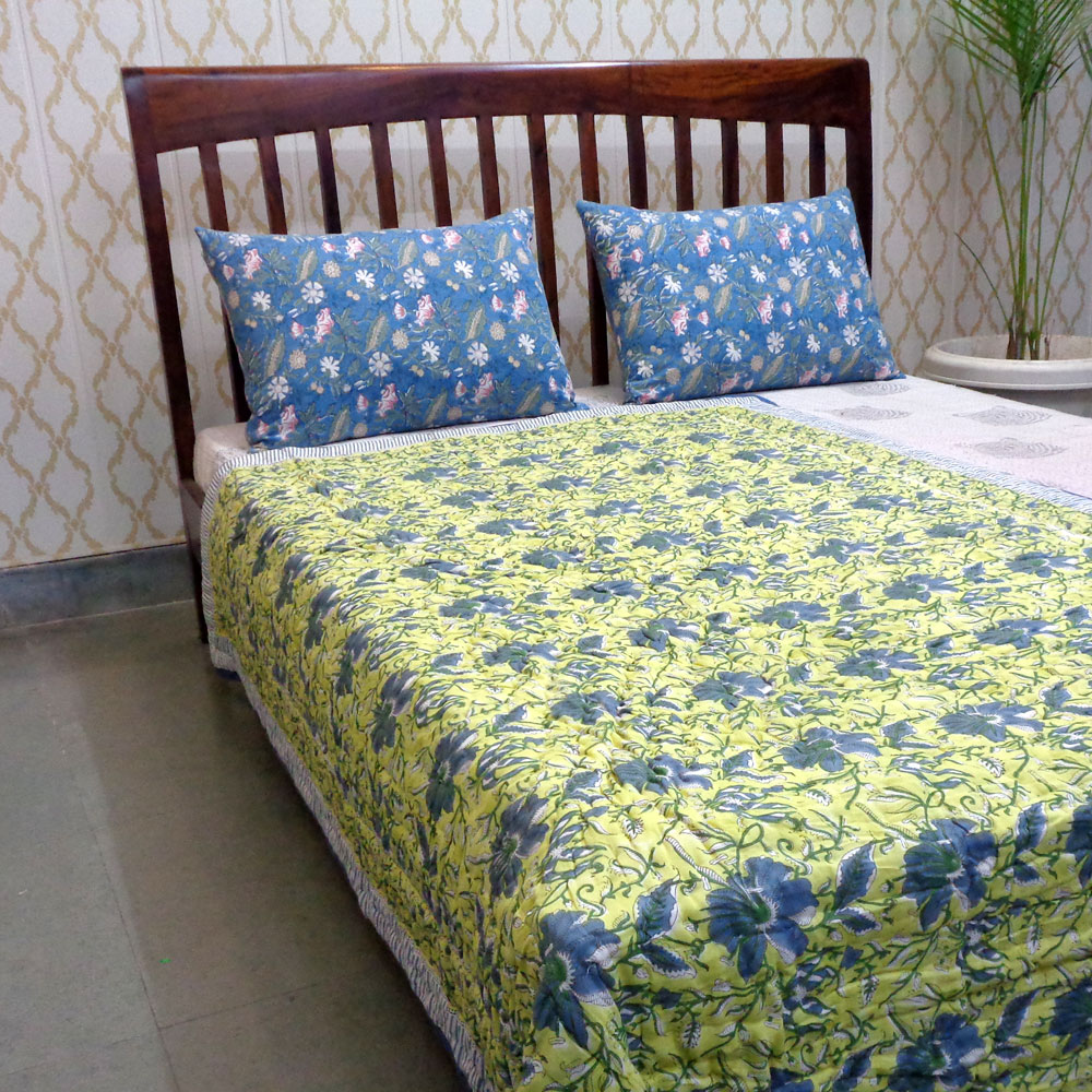 Hand Block Printed Cotton Twin Size Quilt Olive Flower Gud 602183