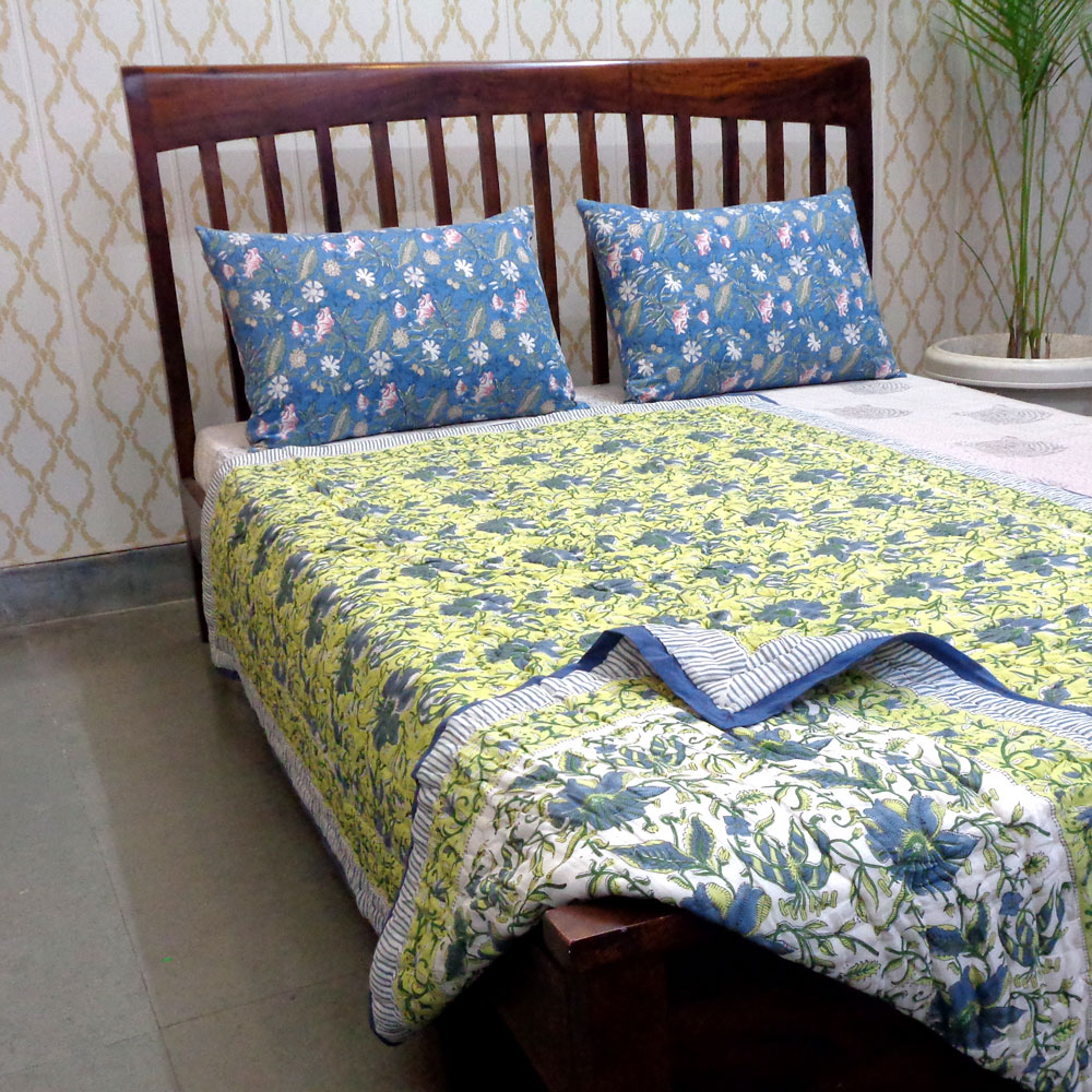 Hand Block Printed Cotton Twin Size Quilt Olive Flower Gud 602183