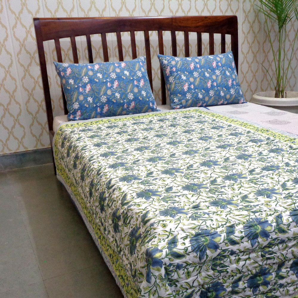 Hand Block Printed Cotton Twin Size Quilt Olive Flower Gud 602183