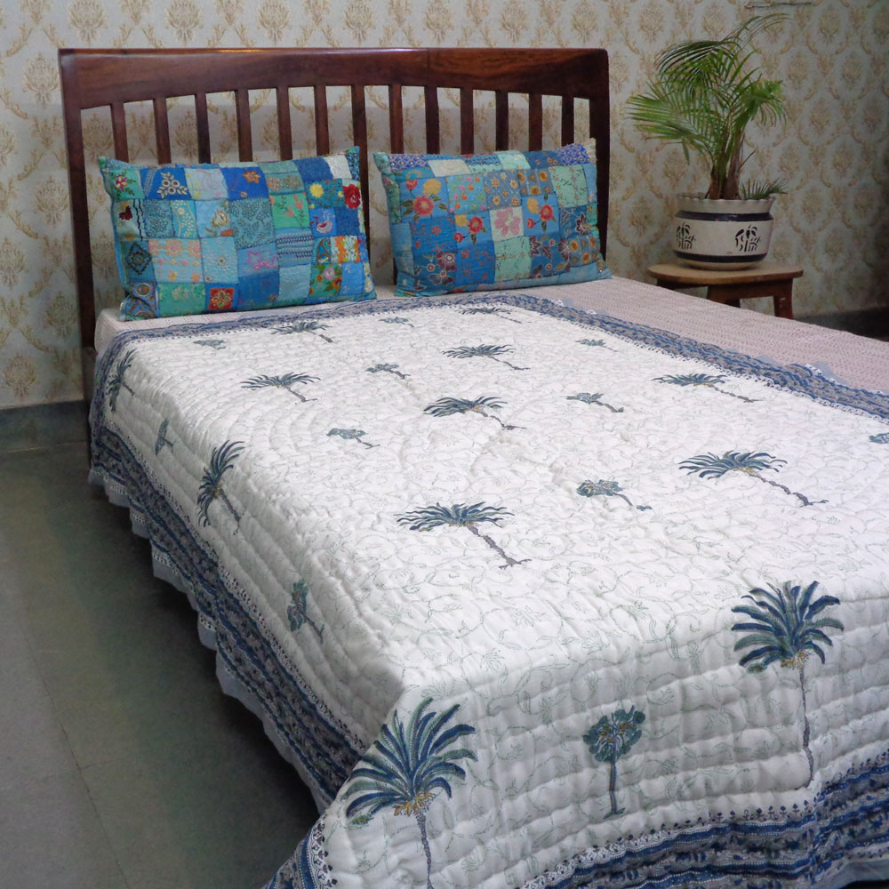 Hand Block Printed Cotton Twin Size Quilt Palm Tree Blue 203485