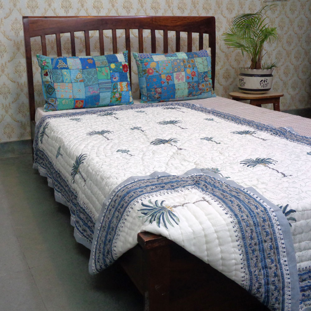 Hand Block Printed Cotton Twin Size Quilt Palm Tree Blue 203485