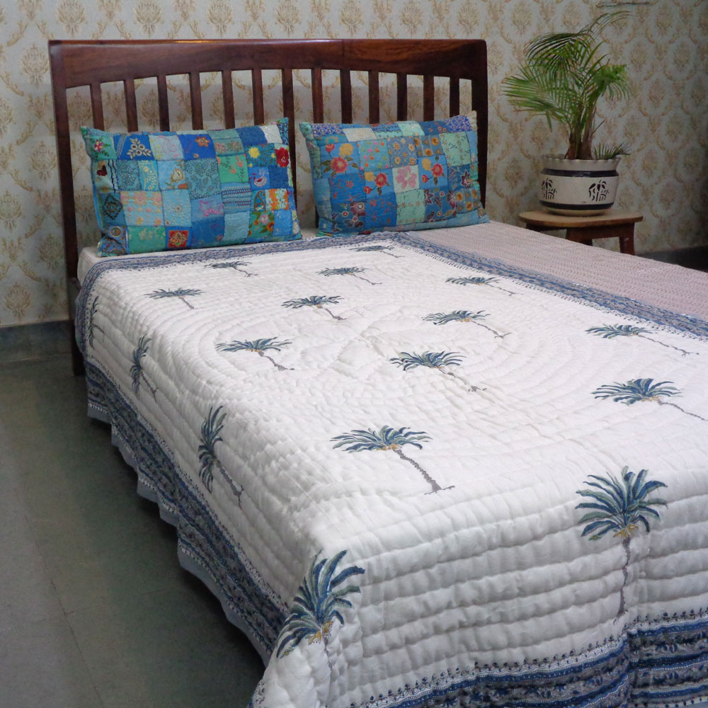 Hand Block Printed Cotton Twin Size Quilt Palm Tree Blue 203485