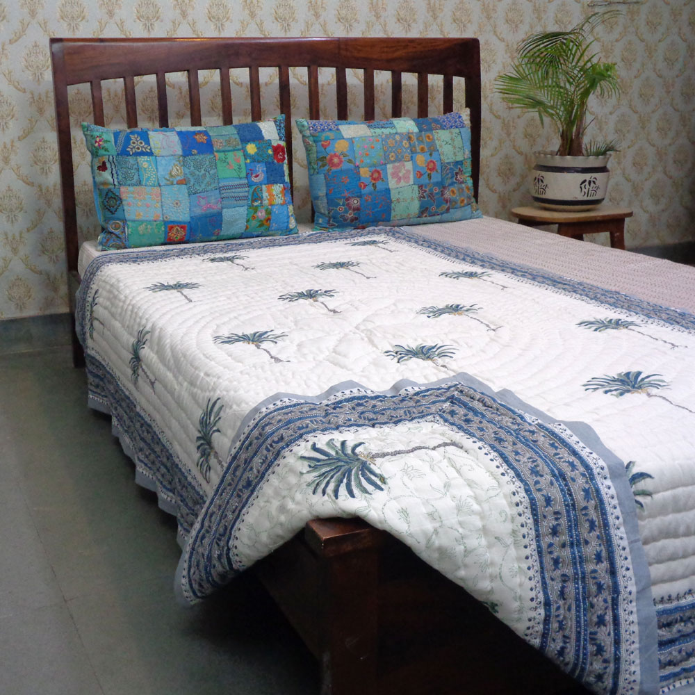 Hand Block Printed Cotton Twin Size Quilt Palm Tree Blue 203485
