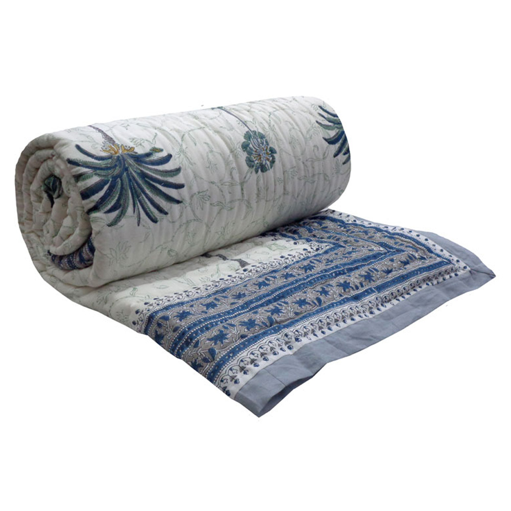 Hand Block Printed Cotton Twin Size Quilt Palm Tree Blue 203485
