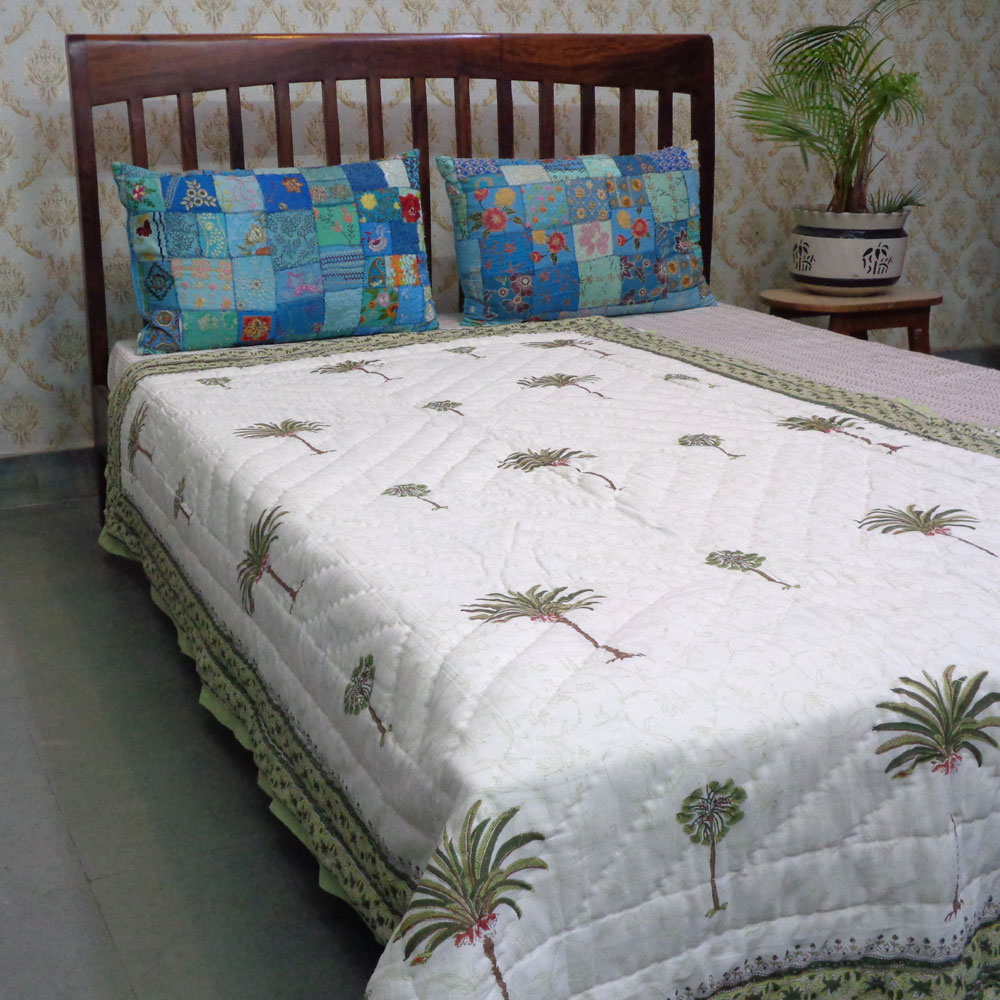 Hand Block Printed Cotton Twin Size Quilt Palm Tree Green 109024