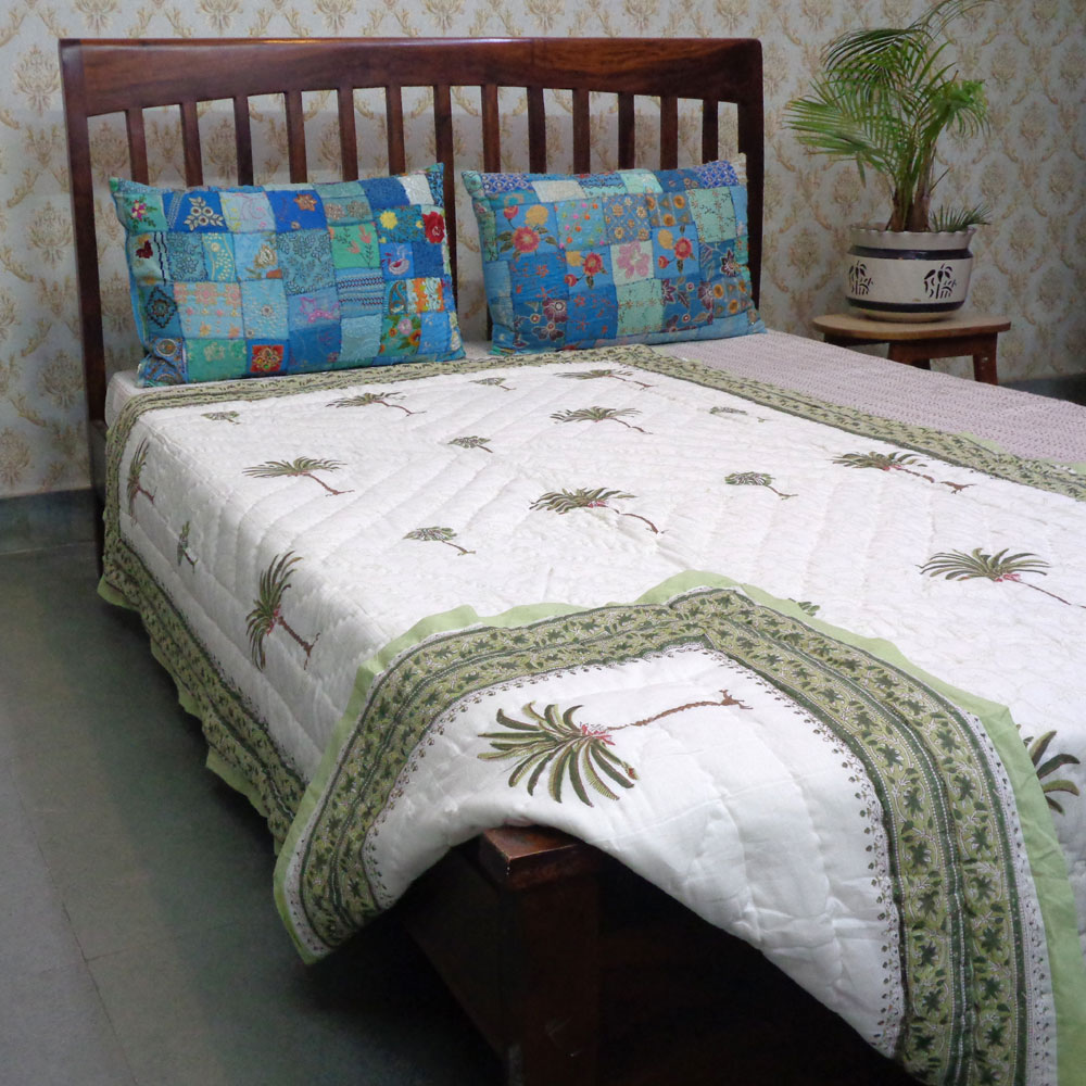 Hand Block Printed Cotton Twin Size Quilt Palm Tree Green 109024