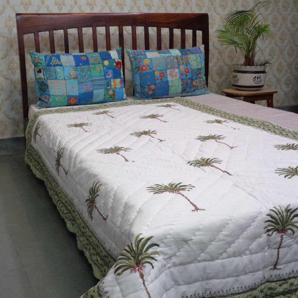 Hand Block Printed Cotton Twin Size Quilt Palm Tree Green 109024