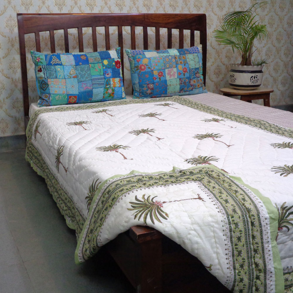 Hand Block Printed Cotton Twin Size Quilt Palm Tree Green 109024