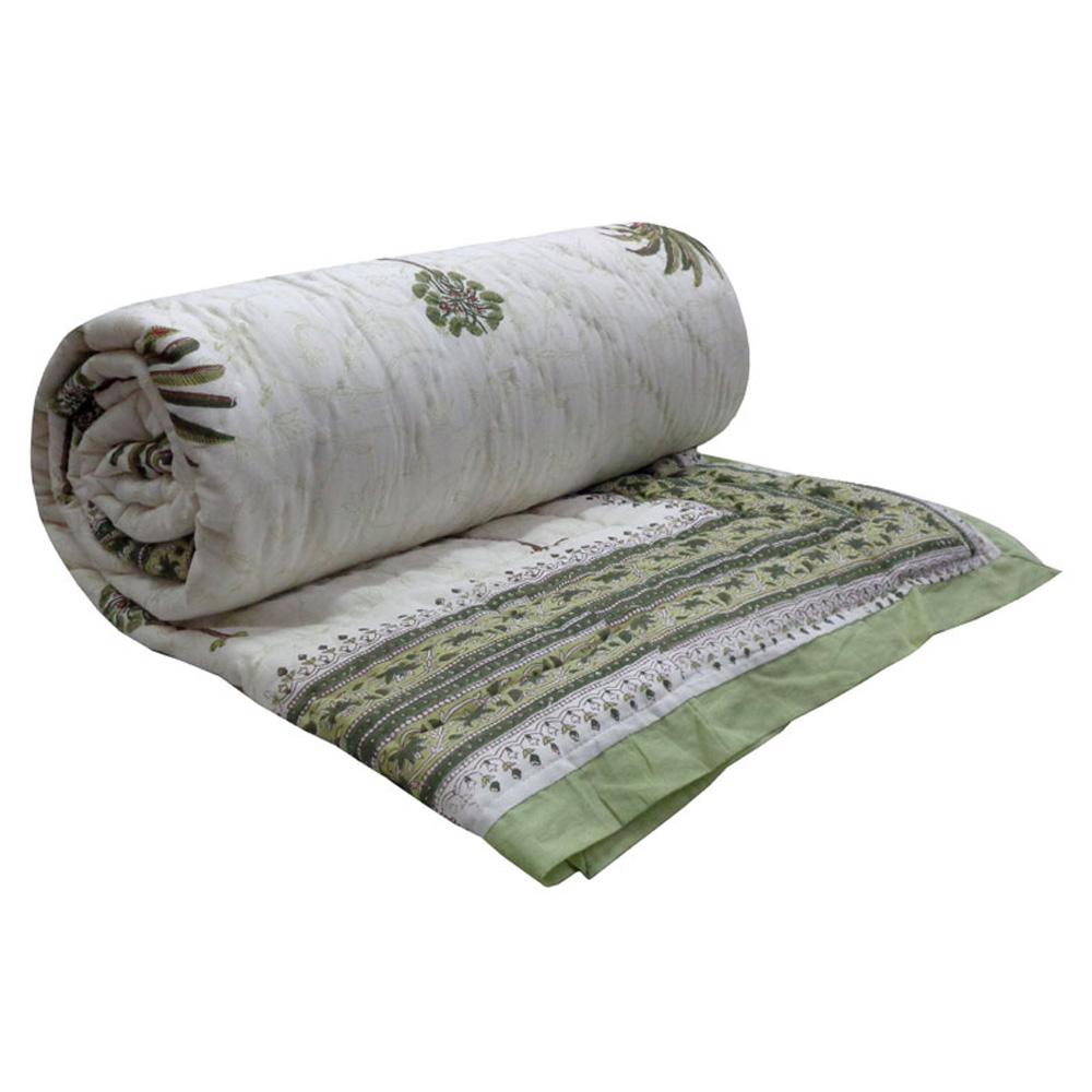 Hand Block Printed Cotton Twin Size Quilt Palm Tree Green 109024