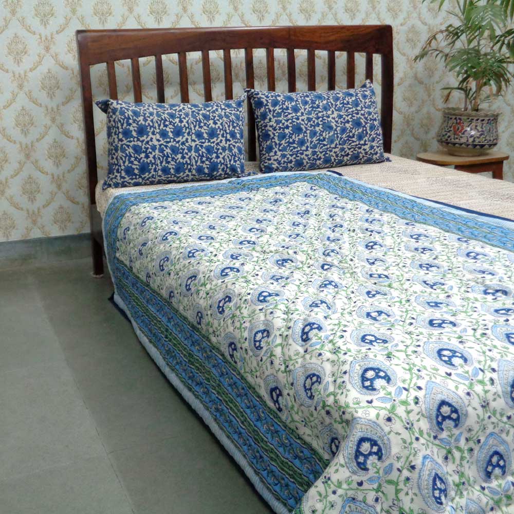 Hand Block Printed Twin Size Quilt Pan Leaf Blue 309622