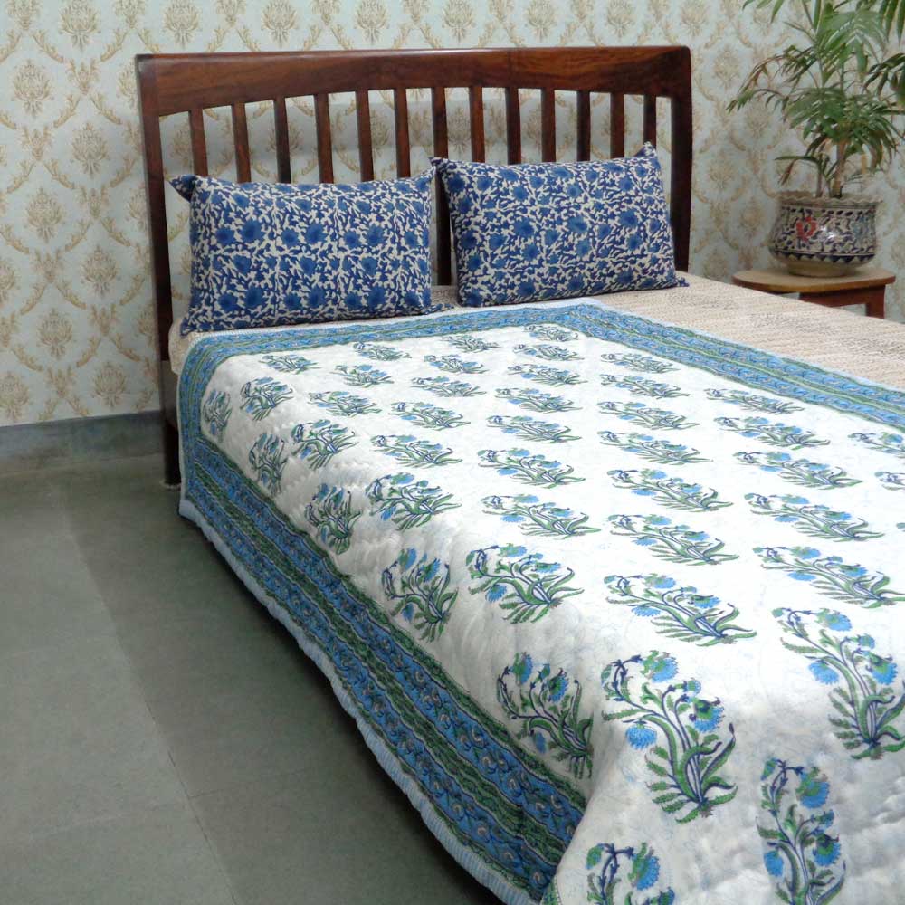 Hand Block Printed Twin Size Quilt Pan Leaf Blue 309622