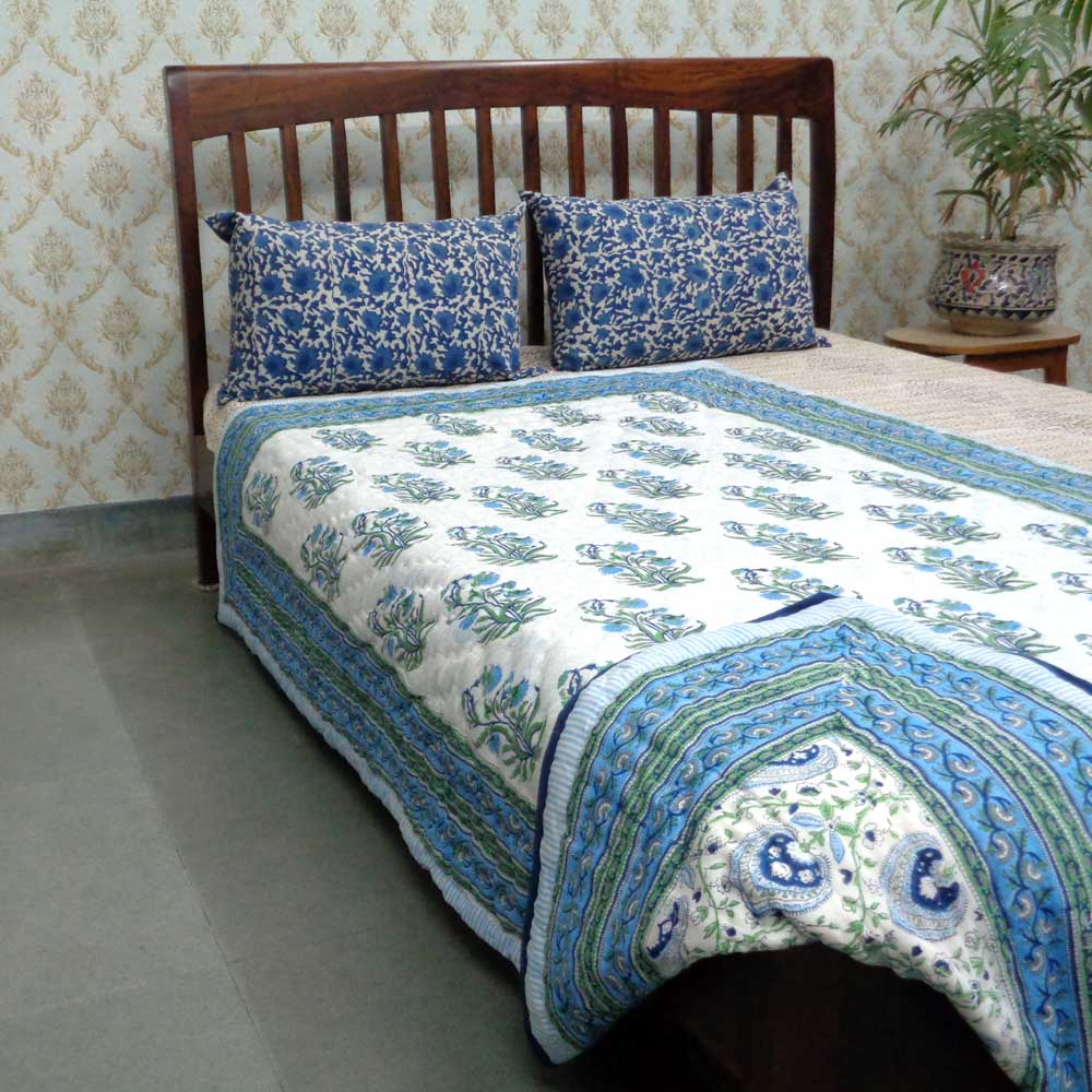 Hand Block Printed Twin Size Quilt Pan Leaf Blue 309622