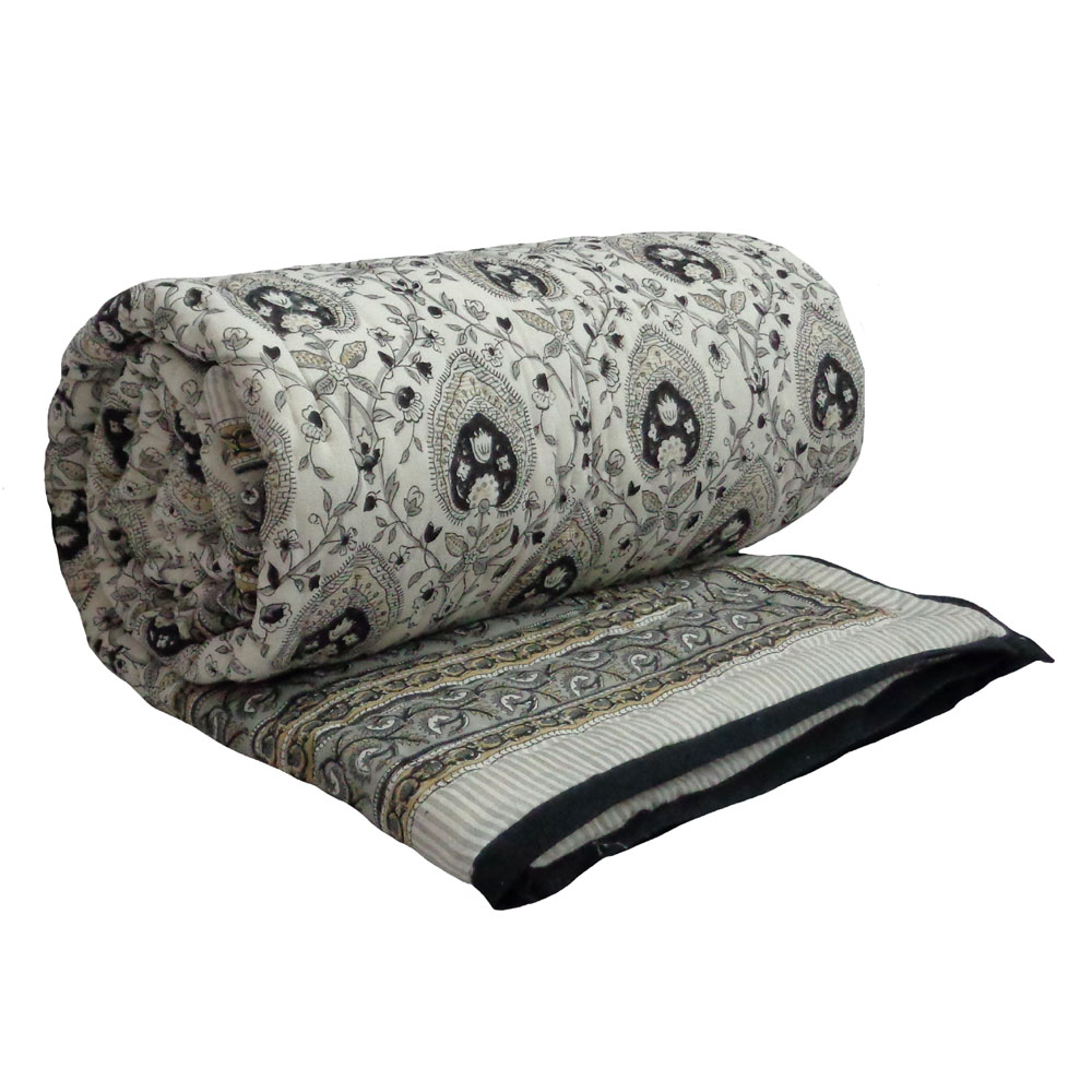 Hand Block Printed Cotton Twin Size Quilt Pan Leaf Dusk 21423