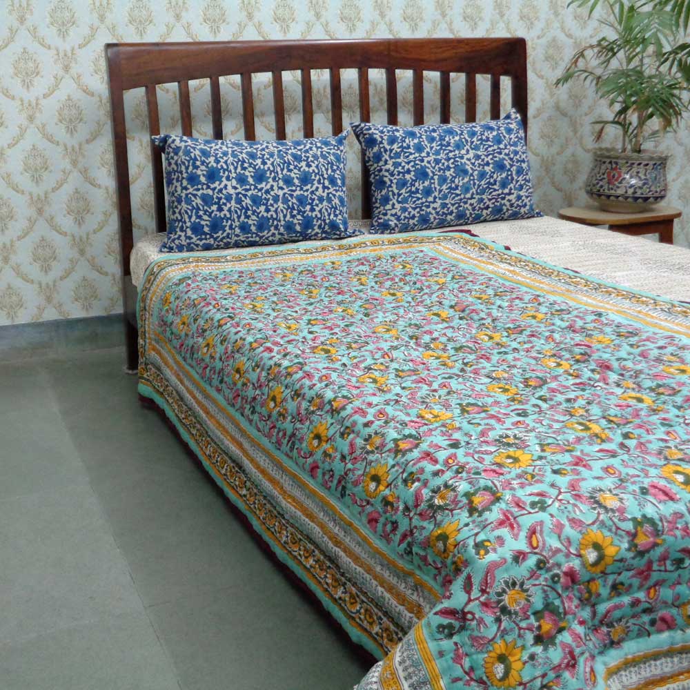 Hand Block Printed Twin Size Quilt  Phuljhari Jade 21408