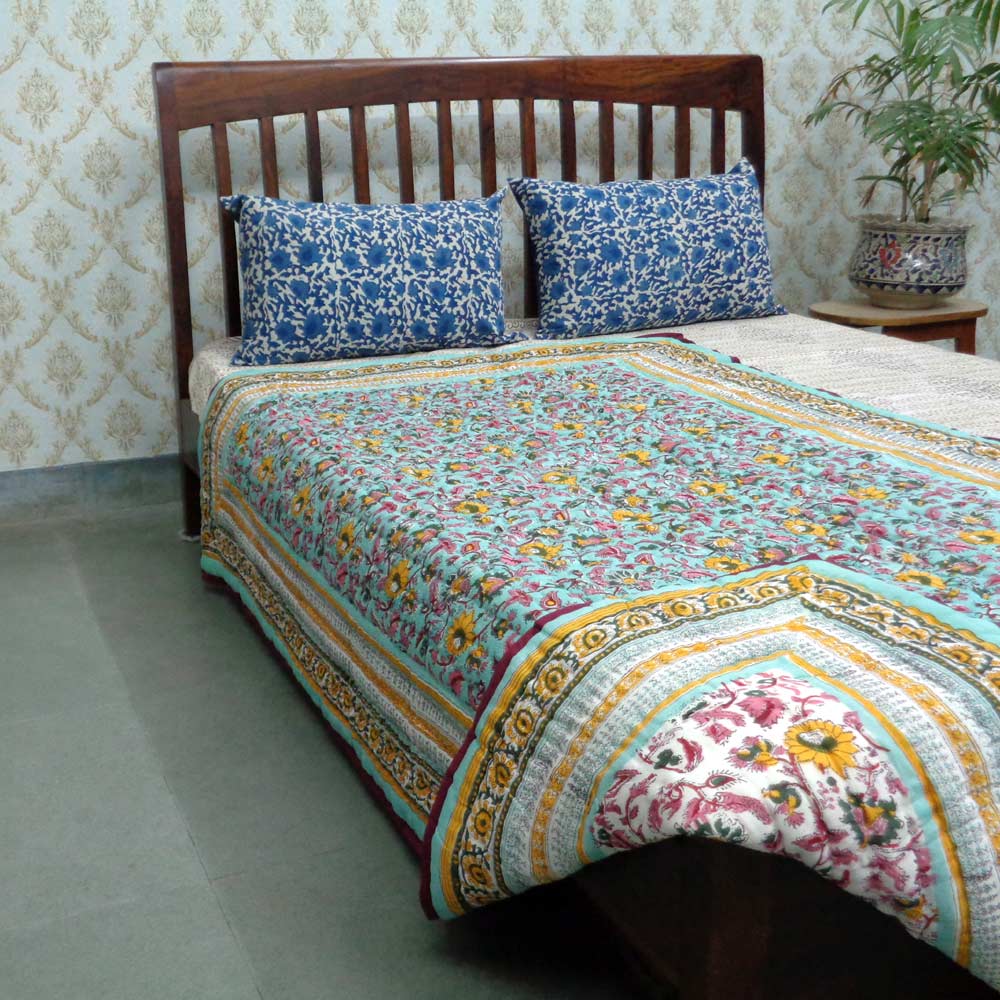 Hand Block Printed Twin Size Quilt Phuljhari Jade 21408