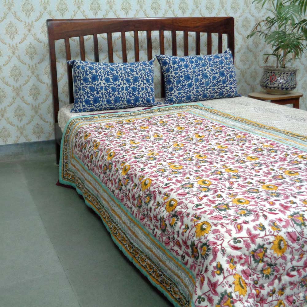 Hand Block Printed Twin Size Quilt  Phuljhari Jade 21408
