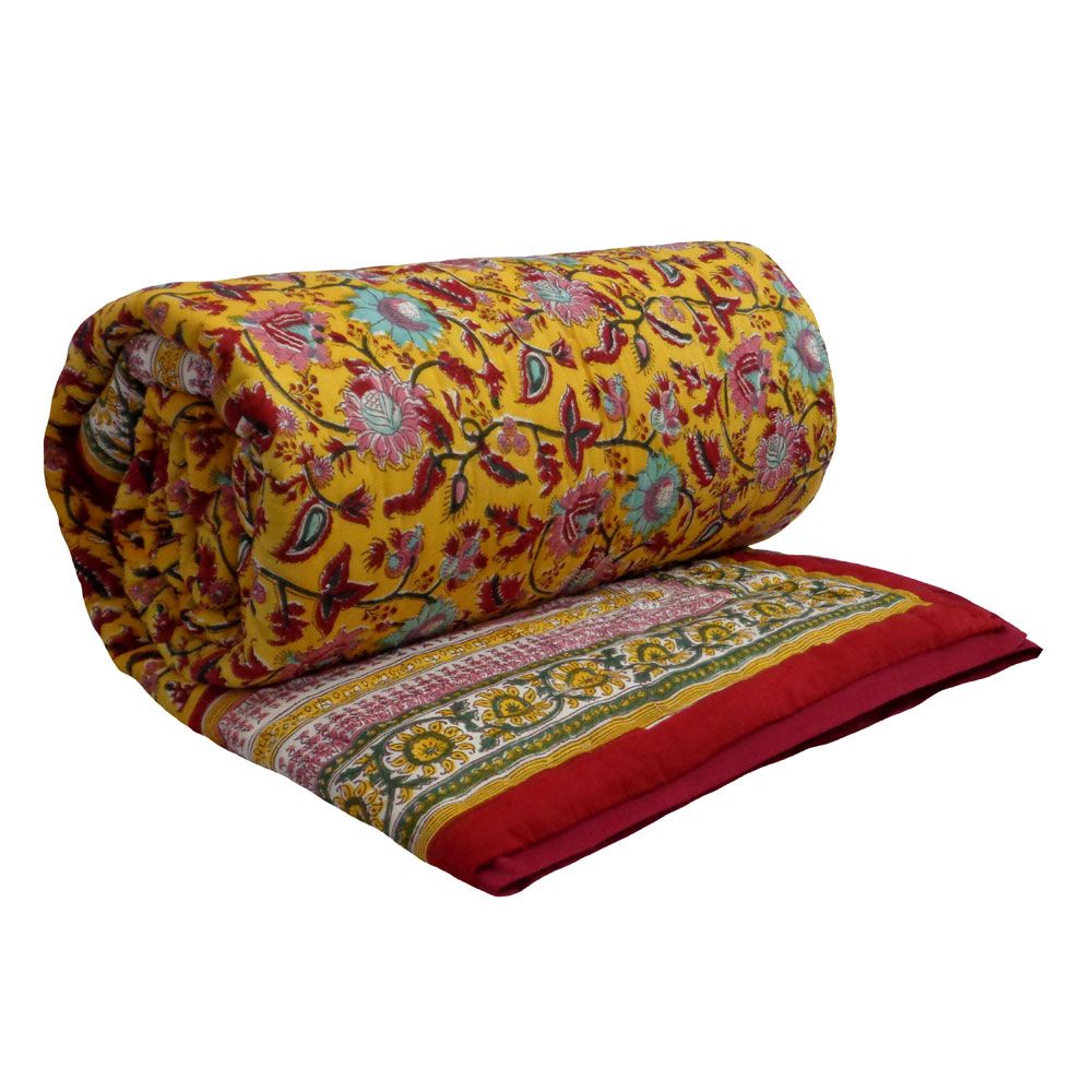 Hand Block Printed Twin Size Quilt Phuljhari Lime 3820