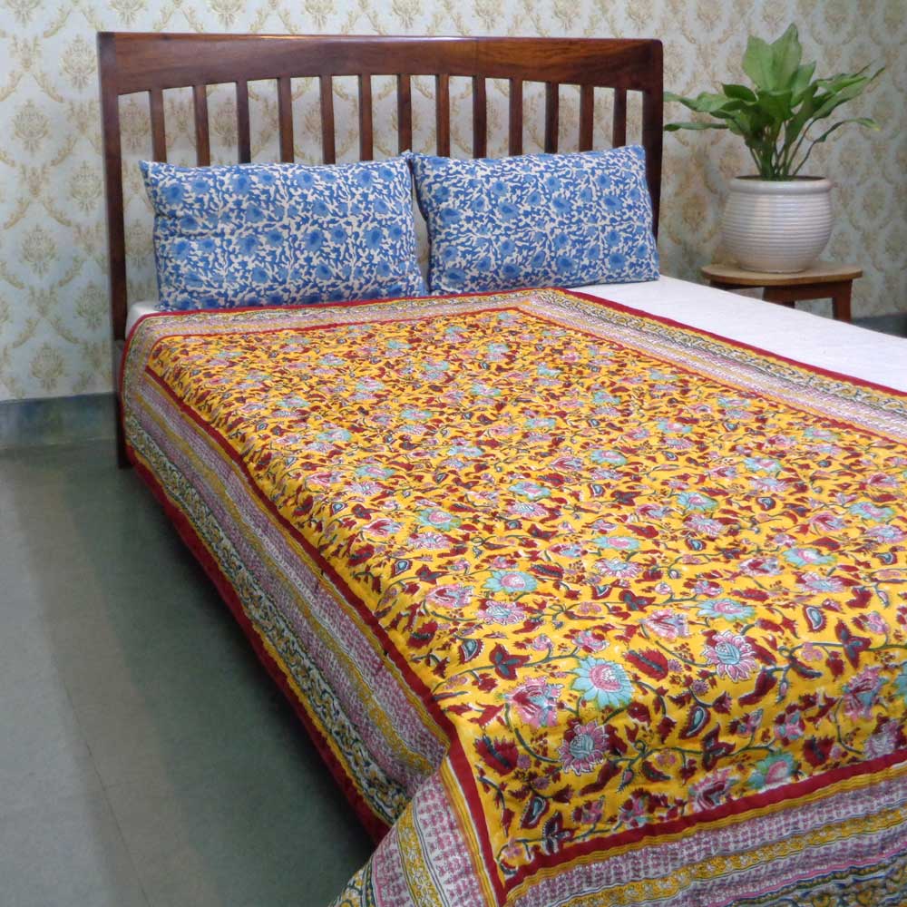 Hand Block Printed Twin Size Quilt Phuljhari Lime 3820