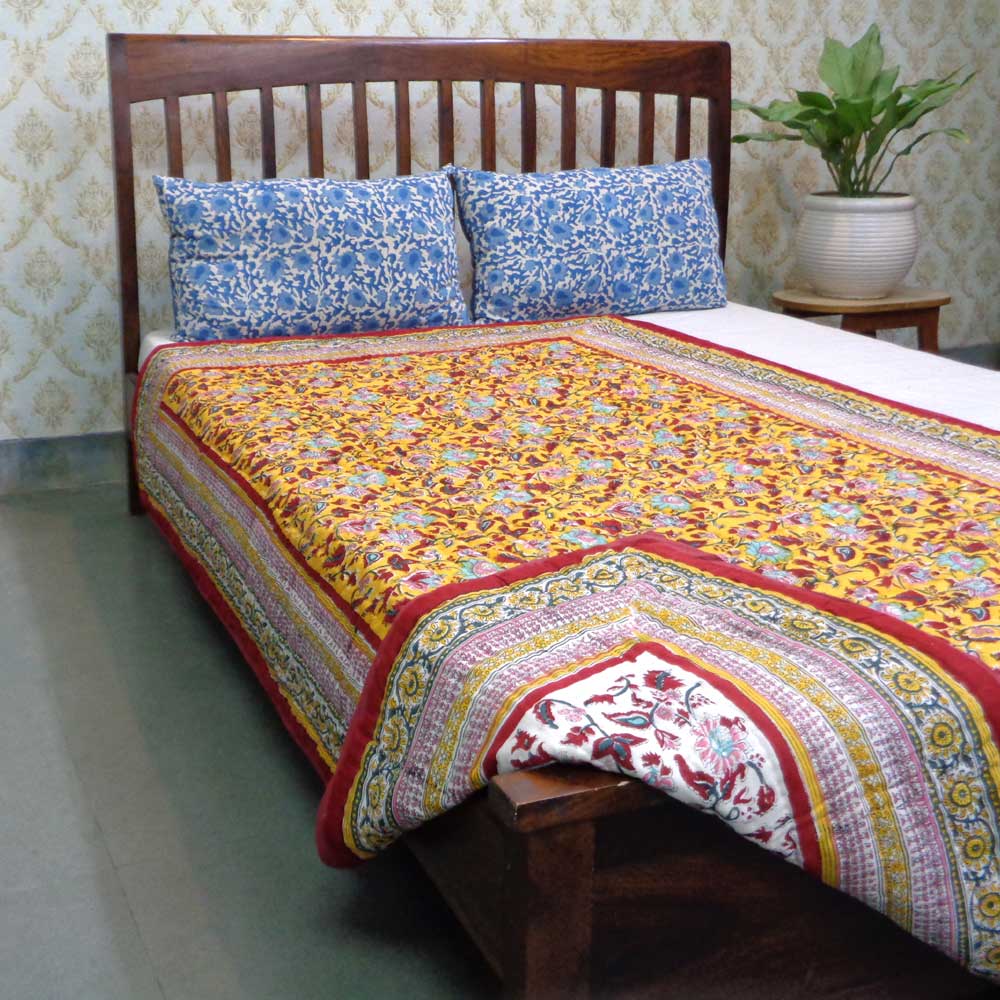 Hand Block Printed Twin Size Quilt Phuljhari Lime 3820