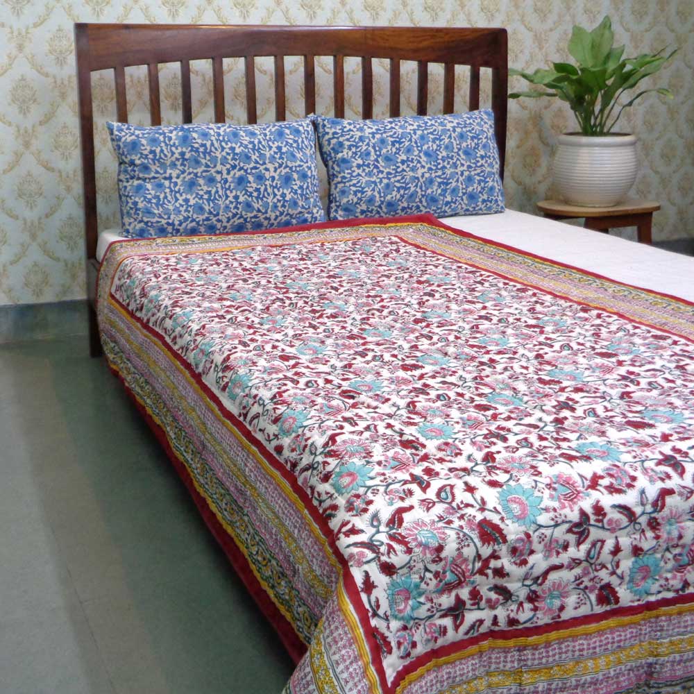 Hand Block Printed Twin Size Quilt Phuljhari Lime 3820