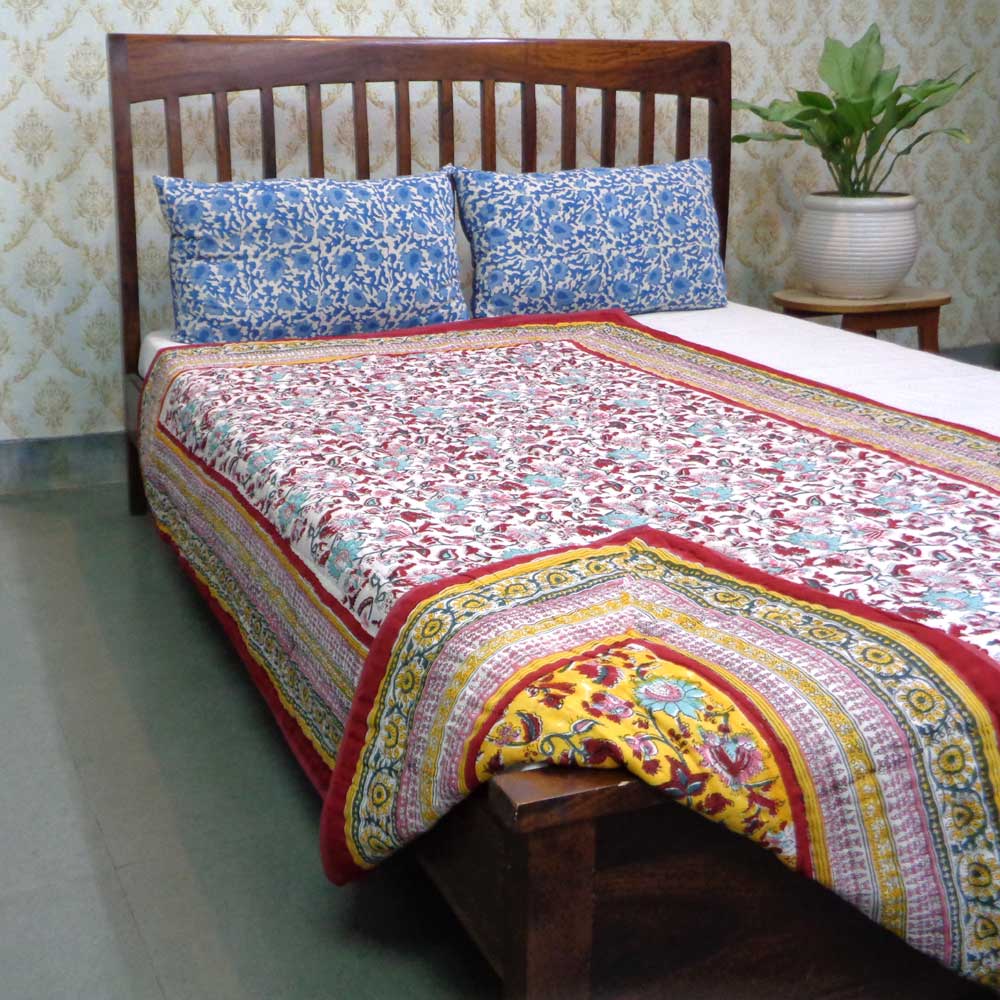 Hand Block Printed Twin Size Quilt Phuljhari Lime 3820