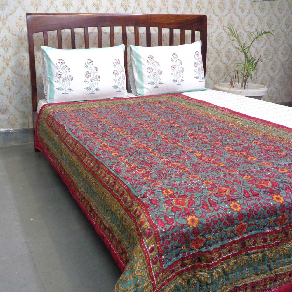 Hand Block Printed Twin Size Quilt Phulwari 208573