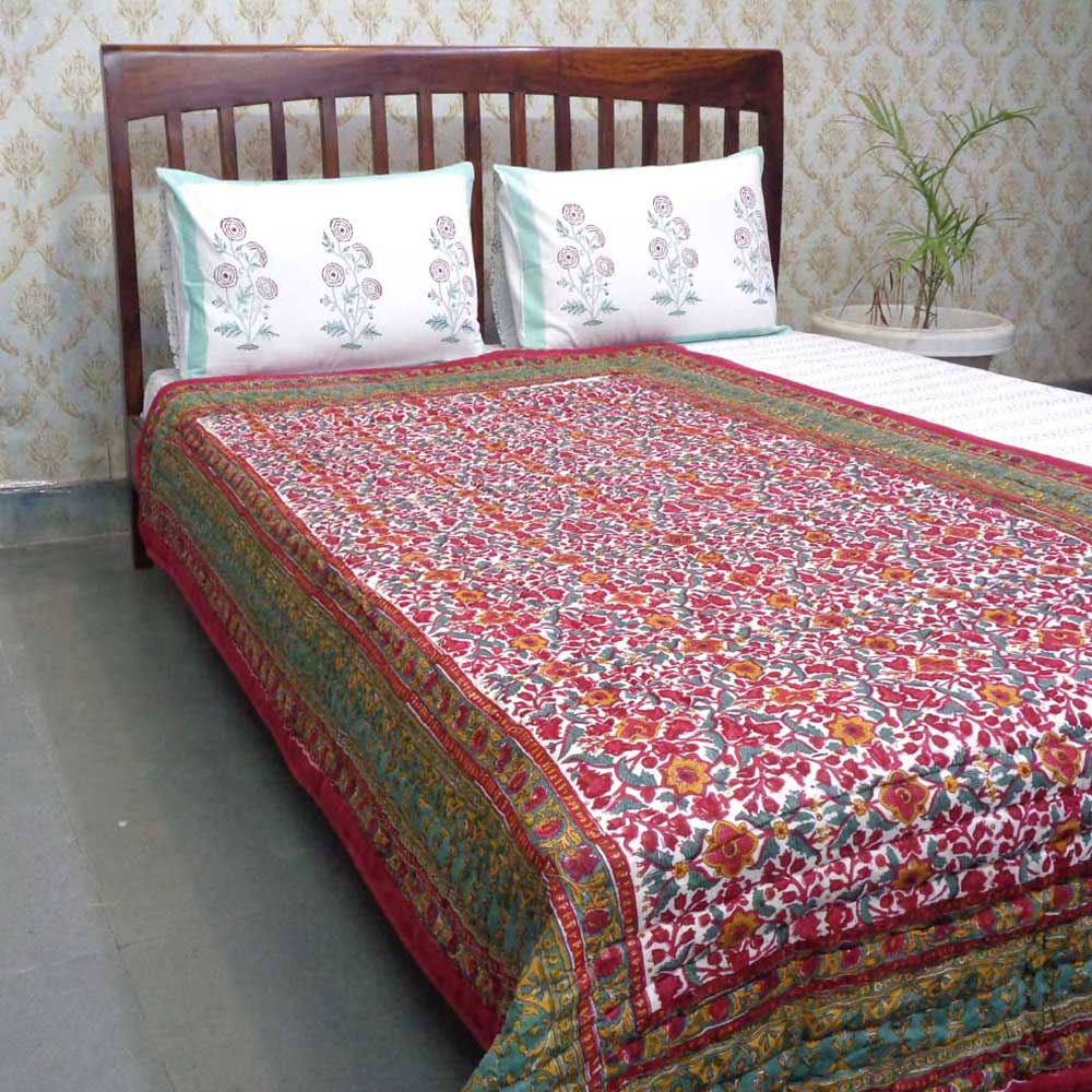 Hand Block Printed Twin Size Quilt Phulwari 208573