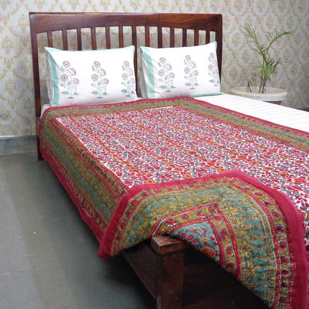 Hand Block Printed Twin Size Quilt Phulwari 208573
