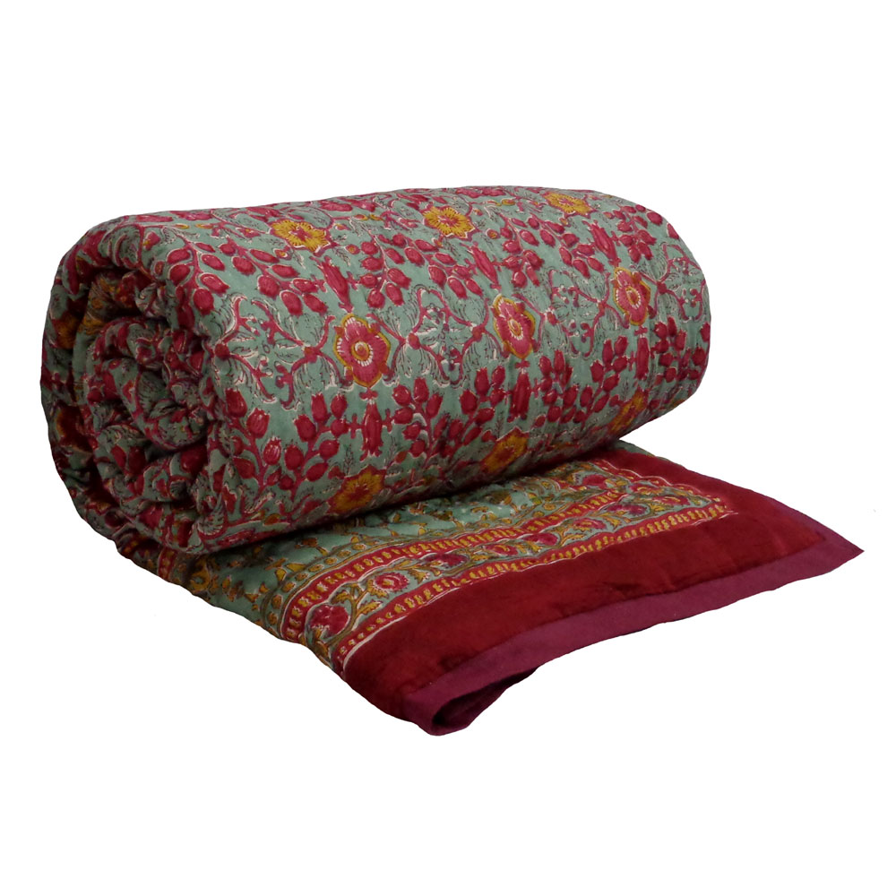 Hand Block Printed Twin Size Quilt Phulwari 208573